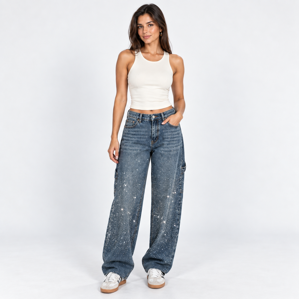 Sparkle Cargo Jeans — Light Wash — front view