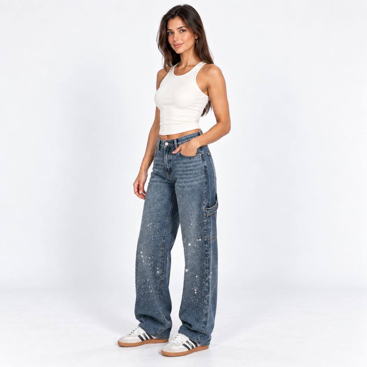 Sparkle Cargo Jeans — Light Wash — front45 view