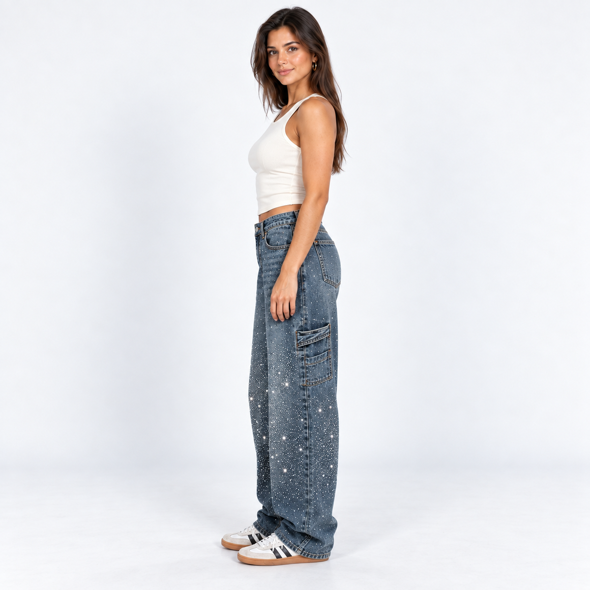 Sparkle Cargo Jeans — Light Wash — side view