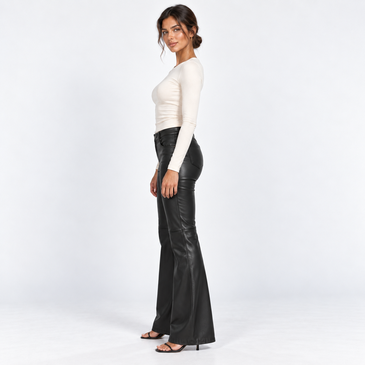 Faux-Leather Flared Trousers — Black — side view