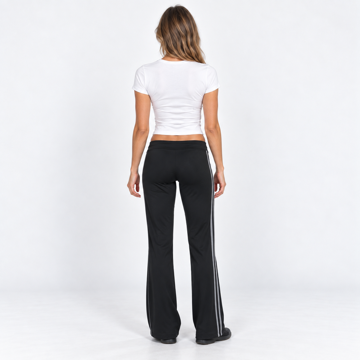 Side-Stripe Flared Trousers — Black — back view