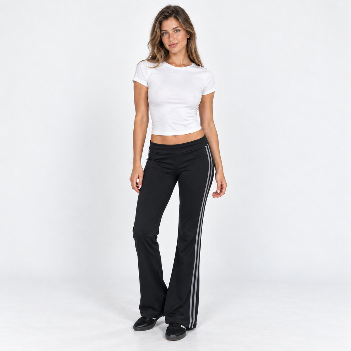 Side-Stripe Flared Trousers — Black — front view