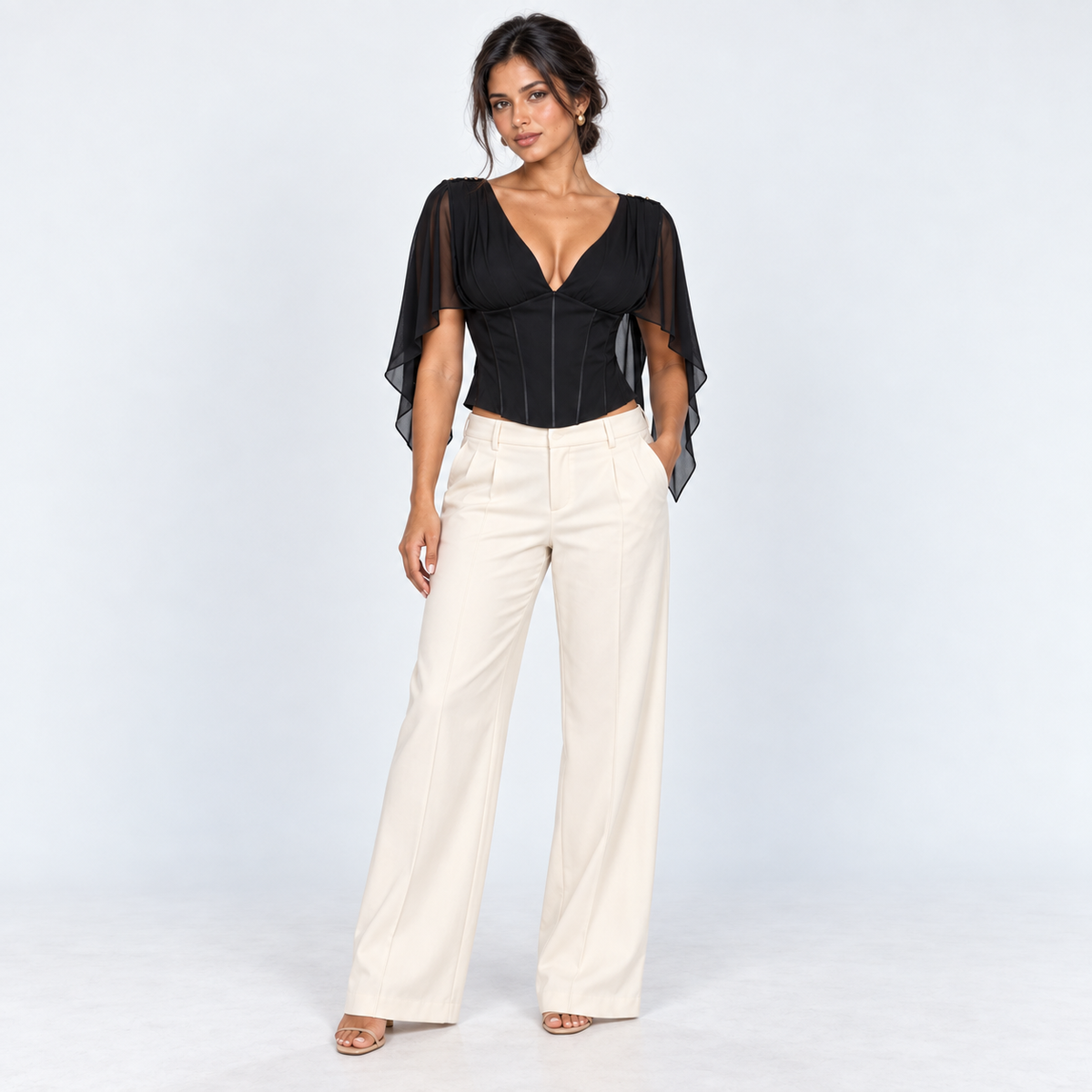 Chiffon-Sleeve Corset Top — Black — front view