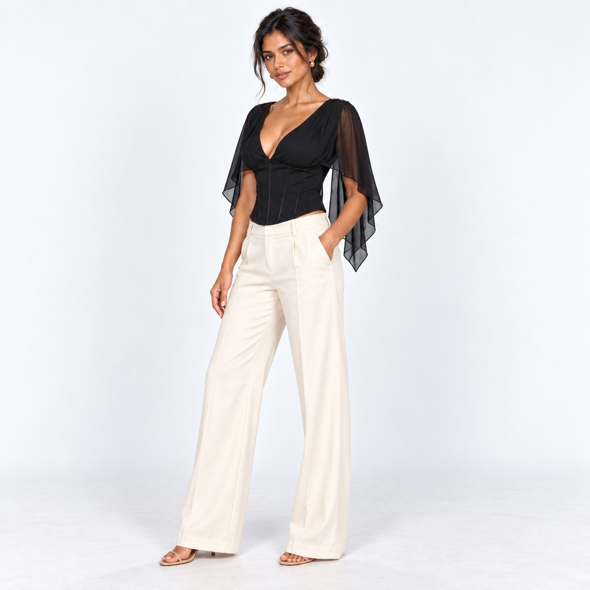 Chiffon-Sleeve Corset Top — Black — front45 view