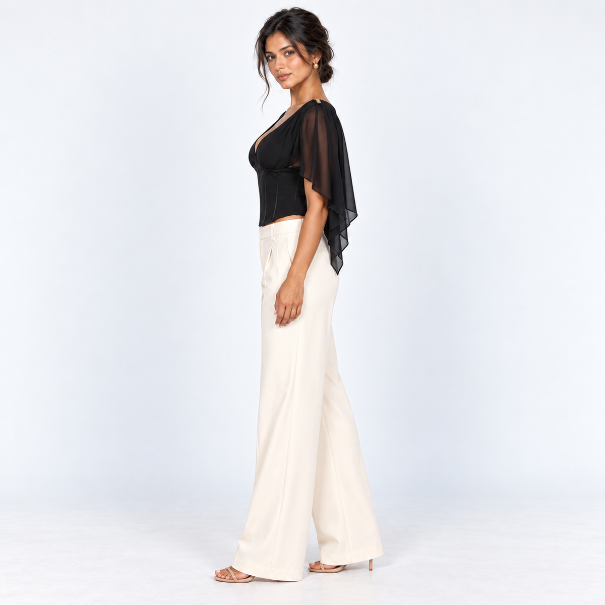 Chiffon-Sleeve Corset Top — Black — side view