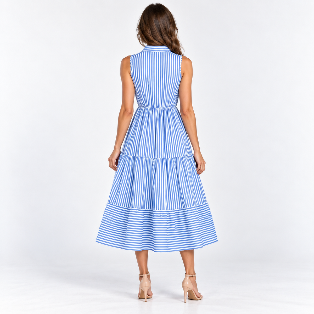 Striped Sleeveless Shirt Dress — Blue — back view