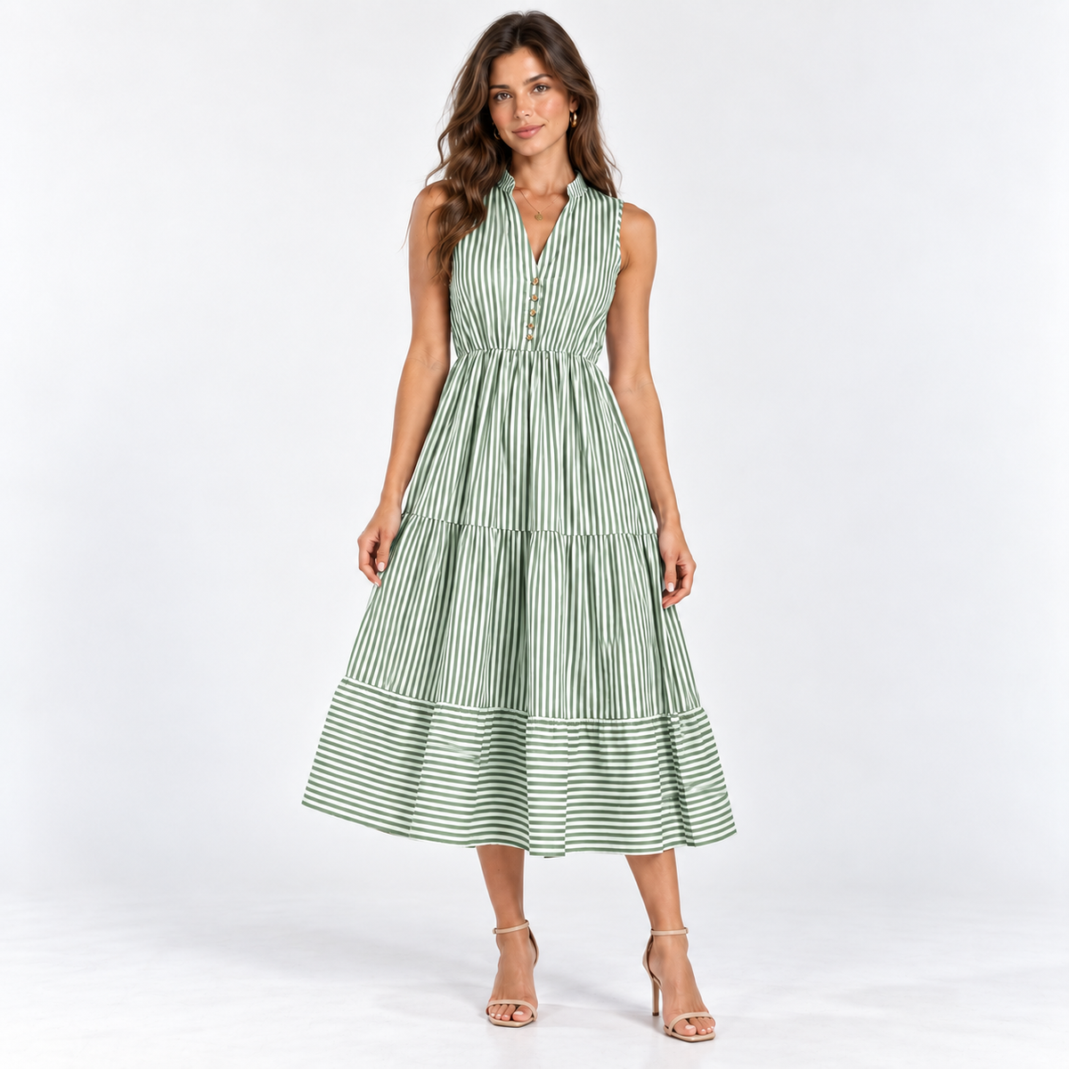 Striped Sleeveless Shirt Dress — Olive — front view