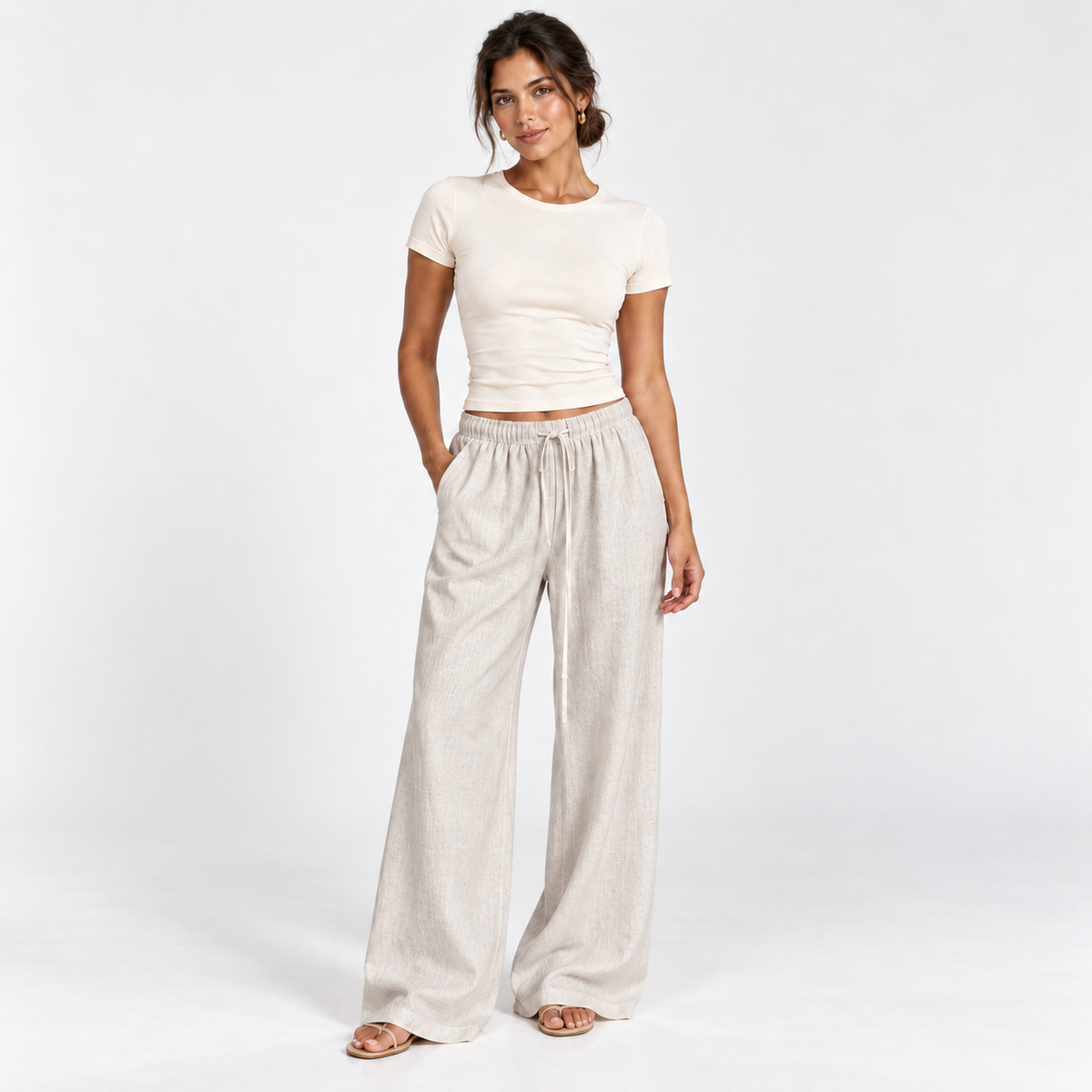 Wide-Leg Linen-Blend Trousers — Beige — front view