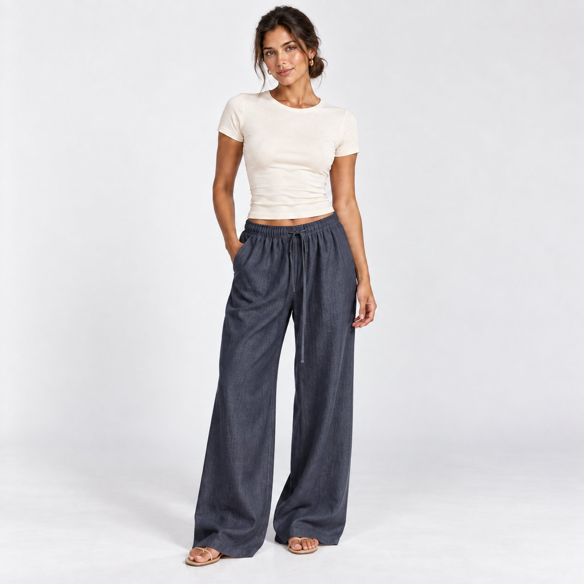 Wide-Leg Linen-Blend Trousers — Navy — front view