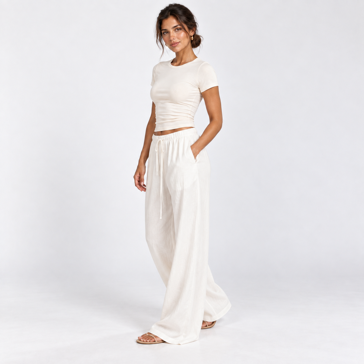 Wide-Leg Linen-Blend Trousers — White — front45 view