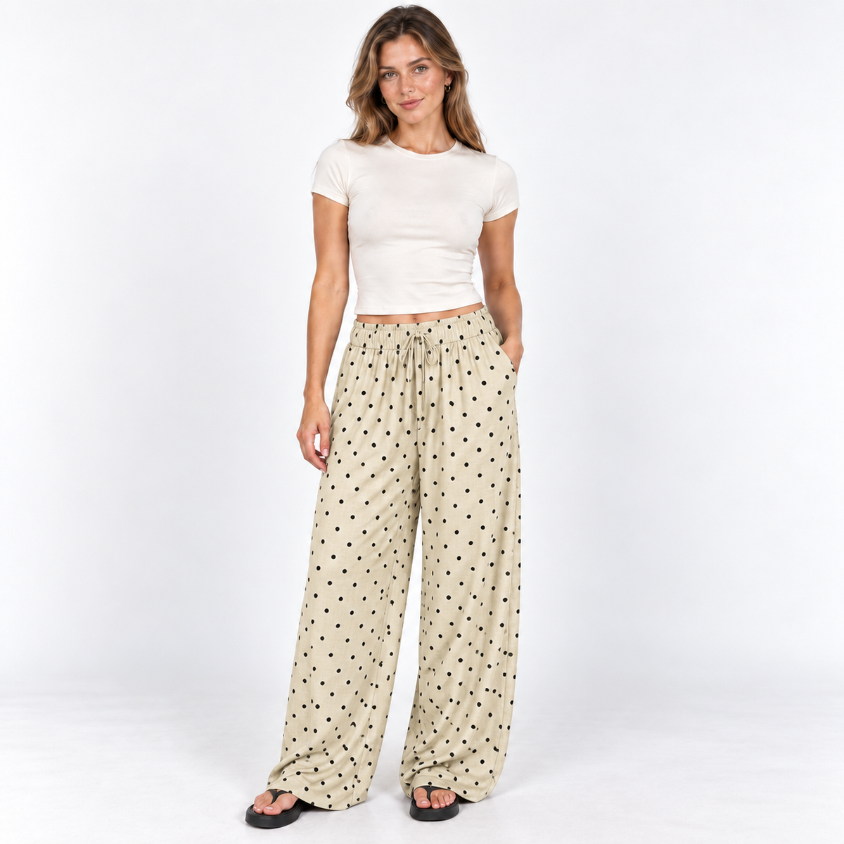Polka Dot Wide-Leg Trousers — Beige — front view