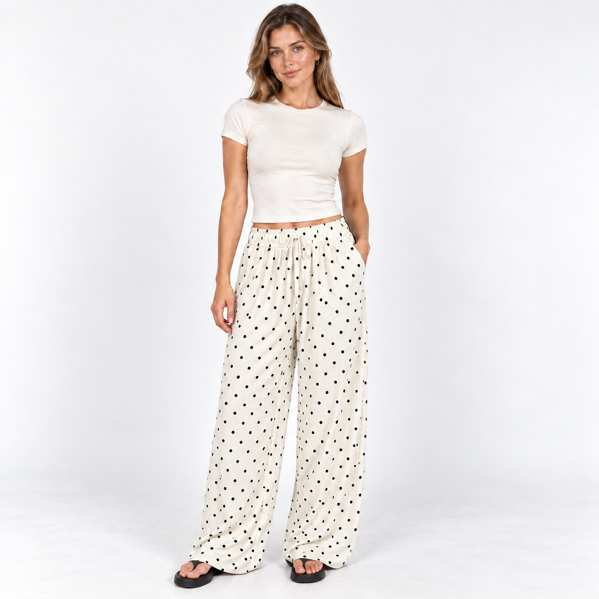 Polka Dot Wide-Leg Trousers — White — front view