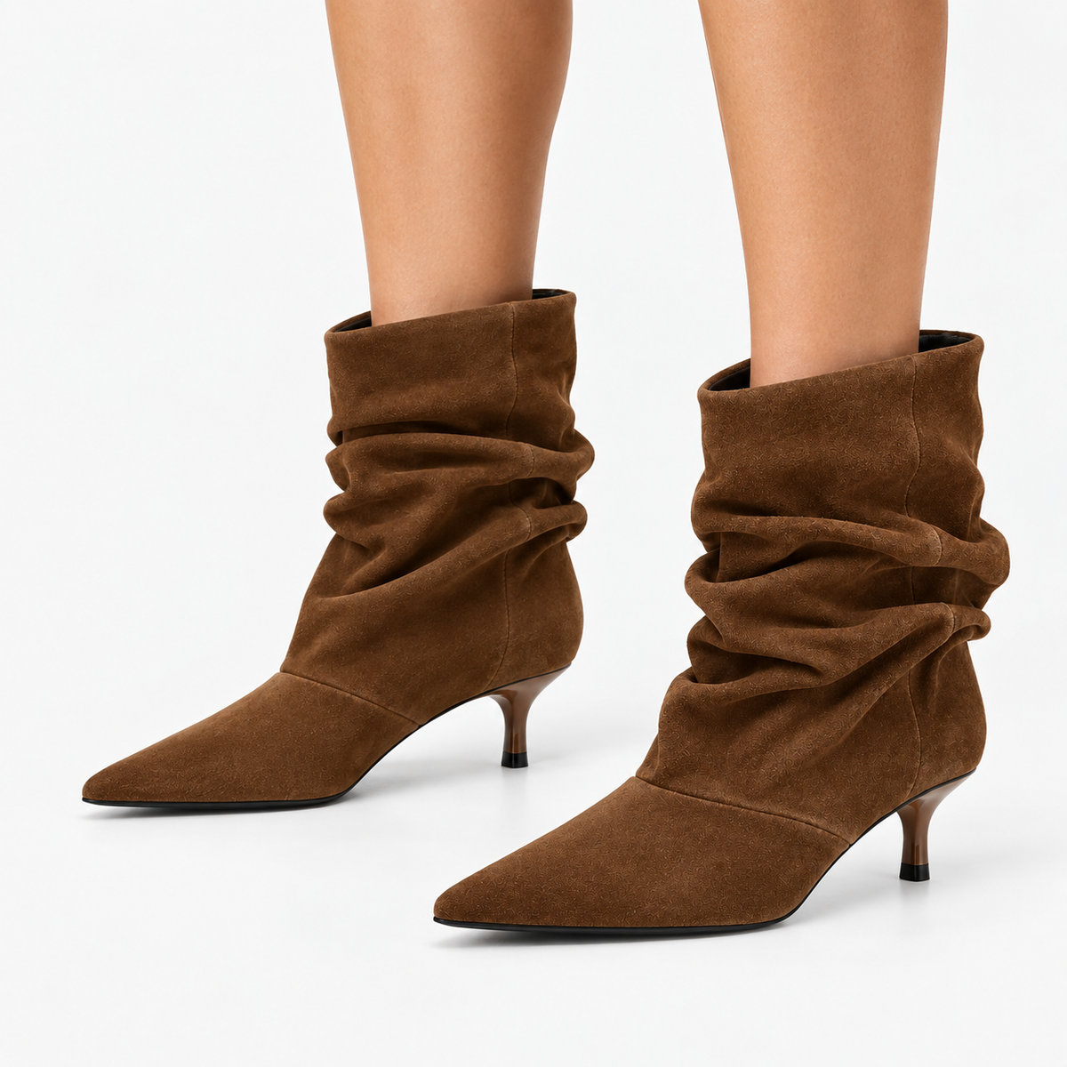 Ruched Faux-Suede Ankle Boots — Brown — worn view