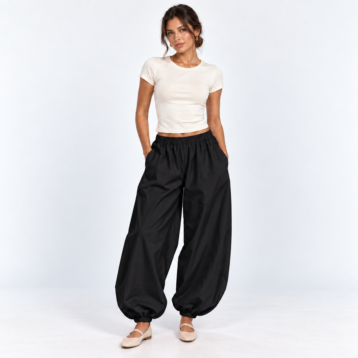 Cotton Balloon Trousers — Black — front view