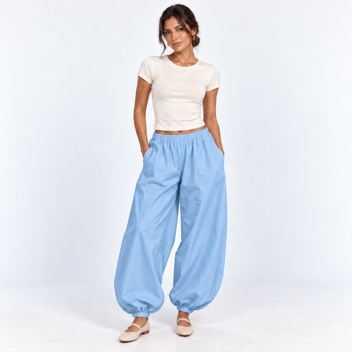 Cotton Balloon Trousers — Blue — front view