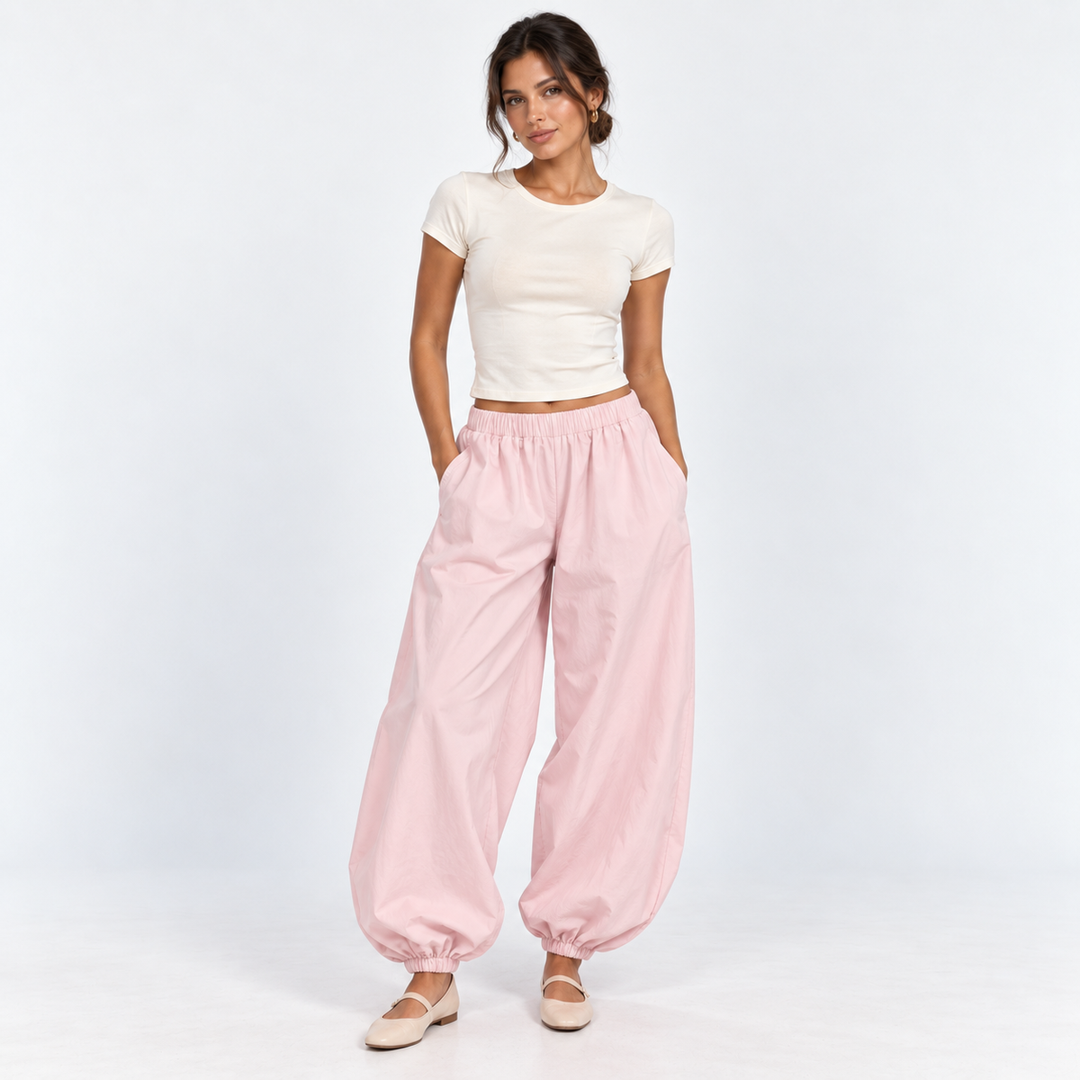Cotton Balloon Trousers — Pink — front view