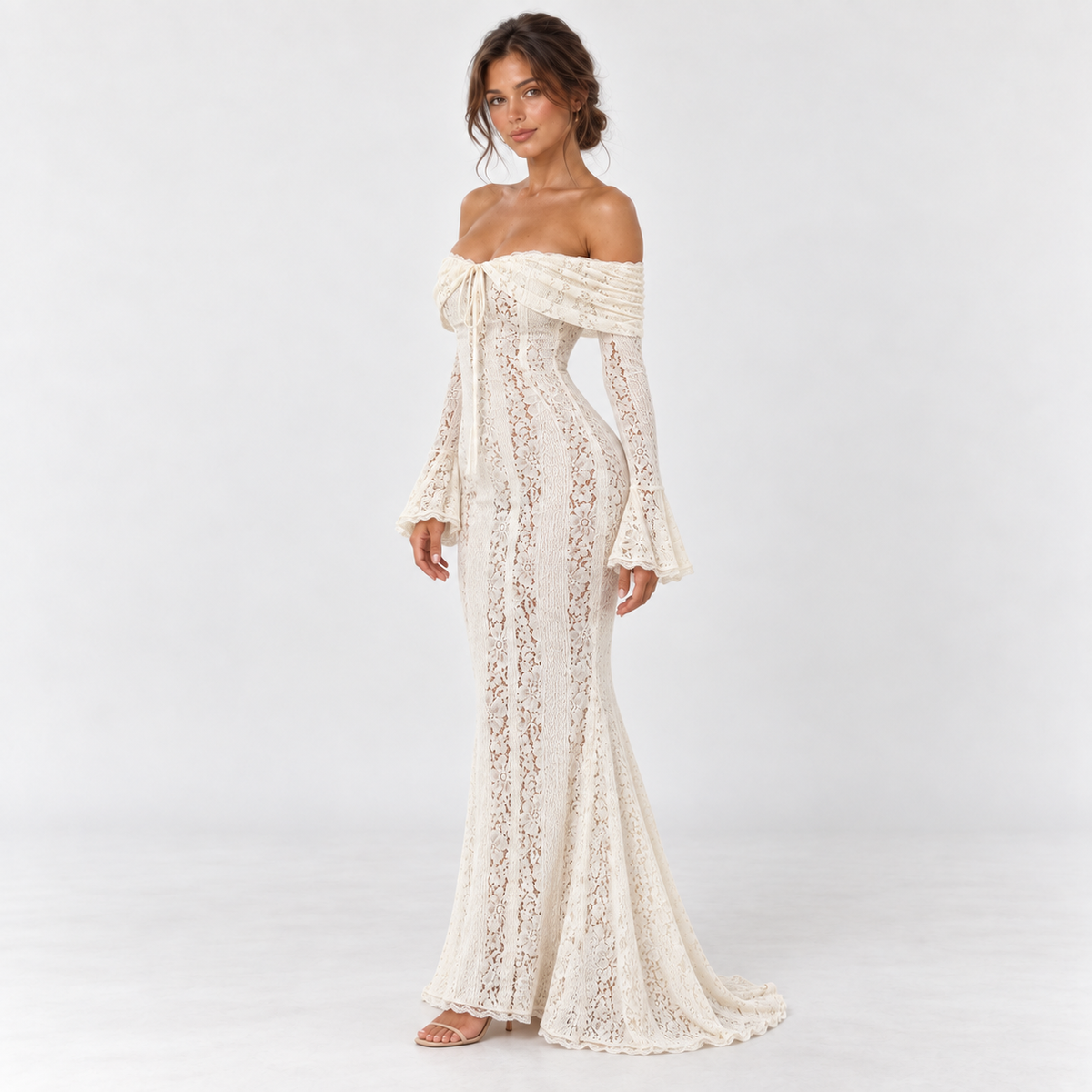 Women's Off-Shoulder Lace Maxi Dress — White — front 45 degree view