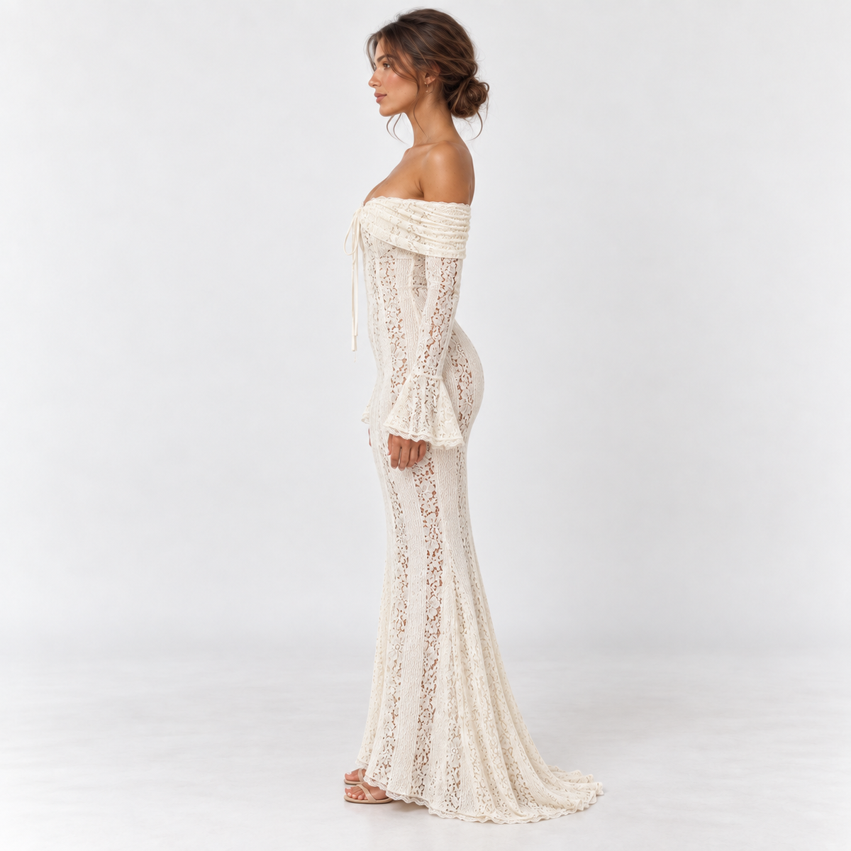 Women's Off-Shoulder Lace Maxi Dress — White — side view