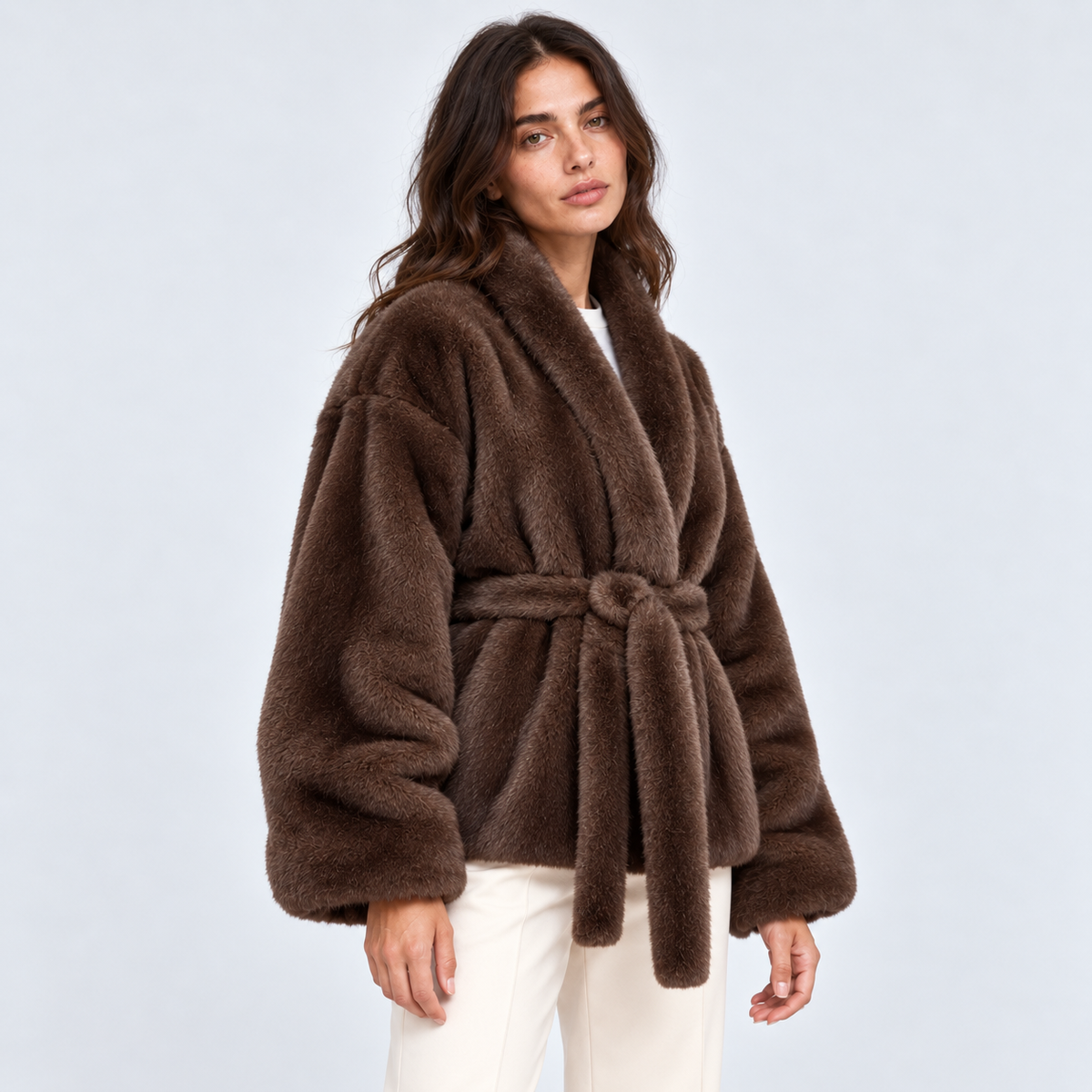 Women's Brown Belted Faux-Fur Jacket – angled view