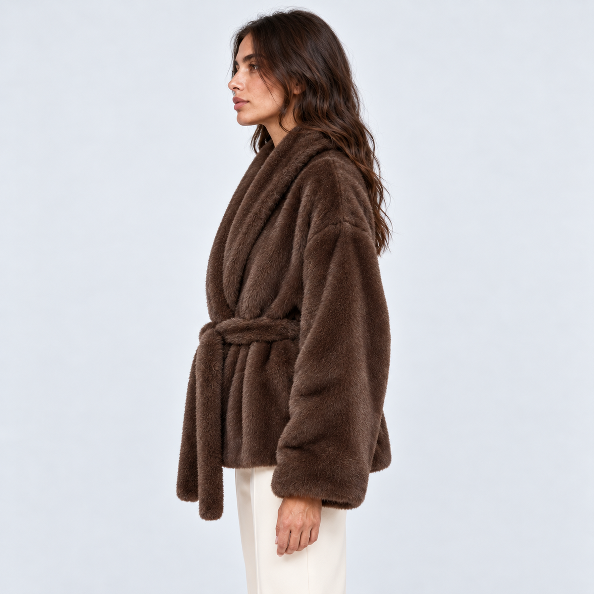 Women's Brown Belted Faux-Fur Jacket – side view
