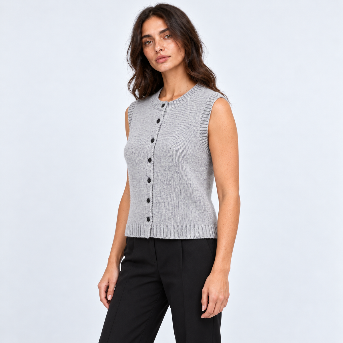 Women's Button-Front Knit Vest in grey – angled view