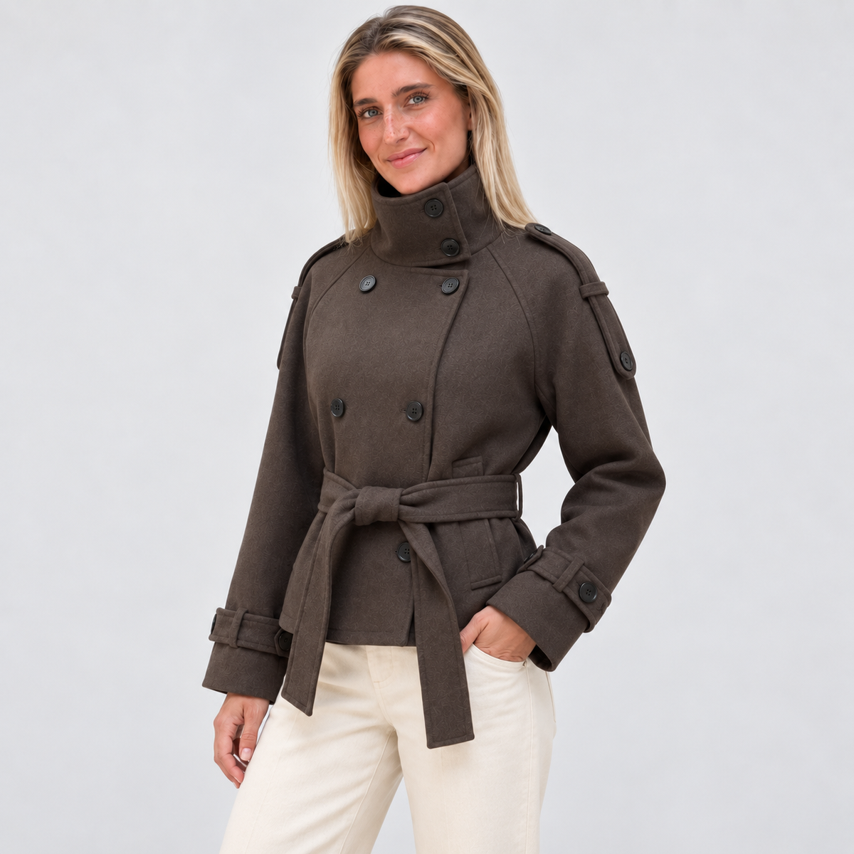 Women's Coffee Belted Cropped Jacket – angled view