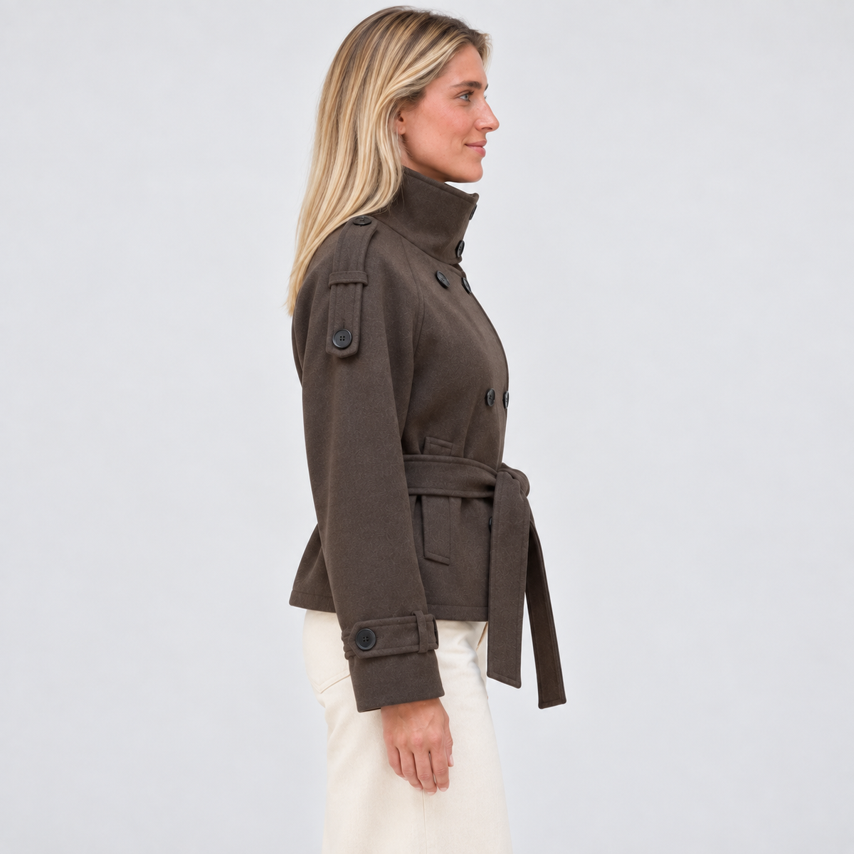Women's Coffee Belted Cropped Jacket – side view