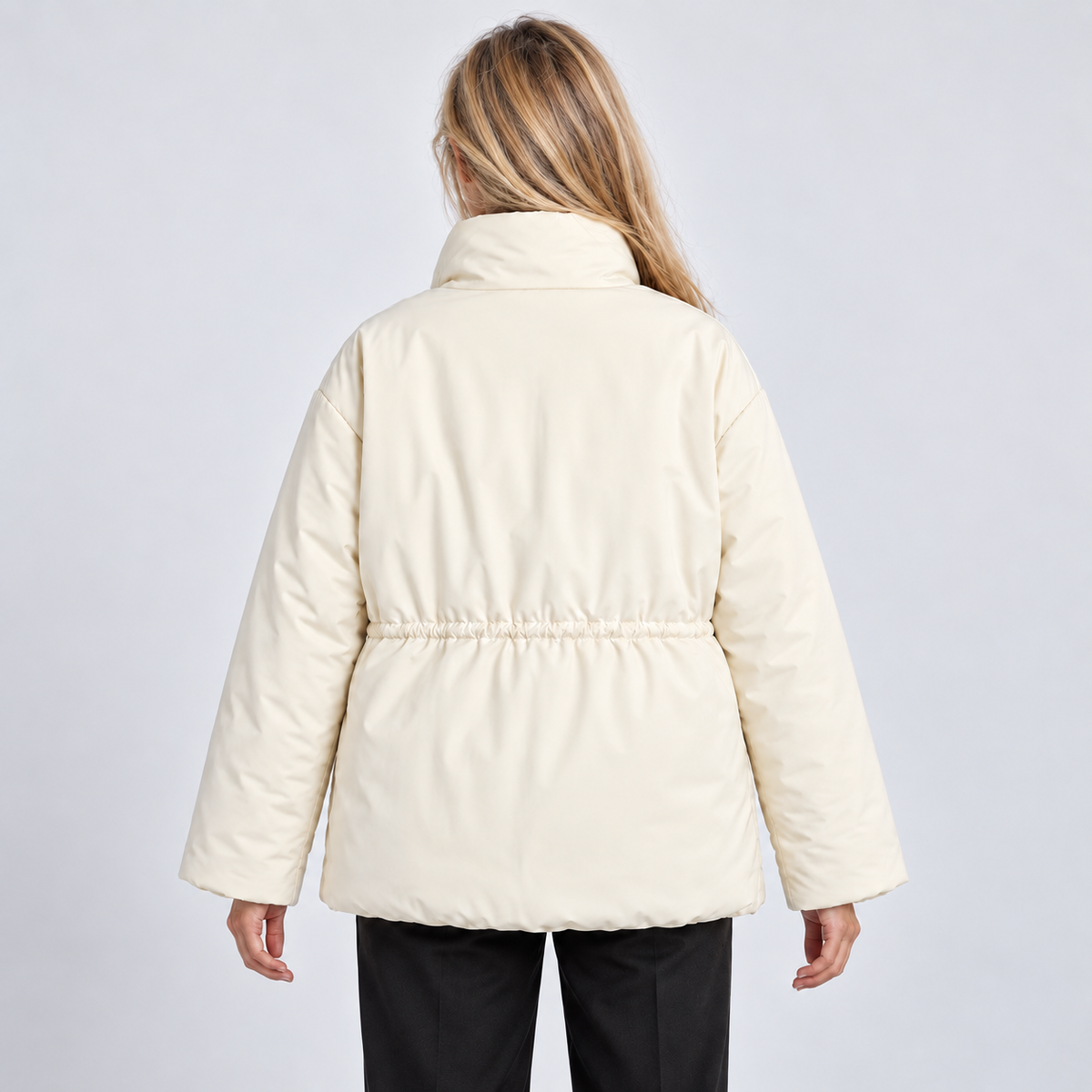 Women's Cream Drawstring Puffer Coat – back view