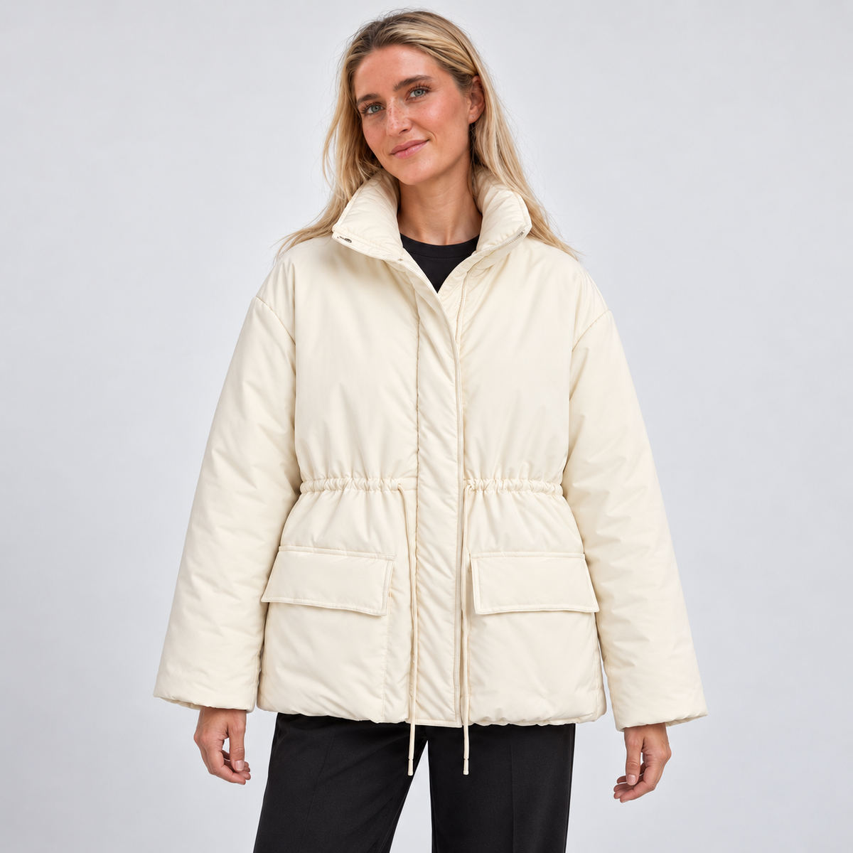 Women's Cream Drawstring Puffer Coat – front view