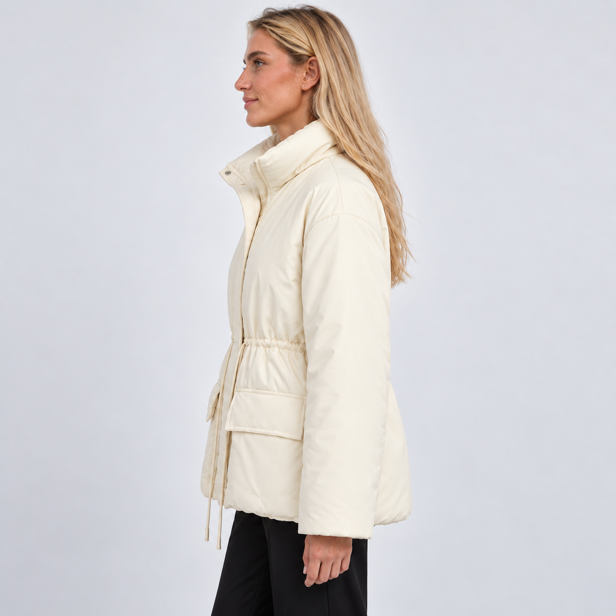 Women's Cream Drawstring Puffer Coat – side view