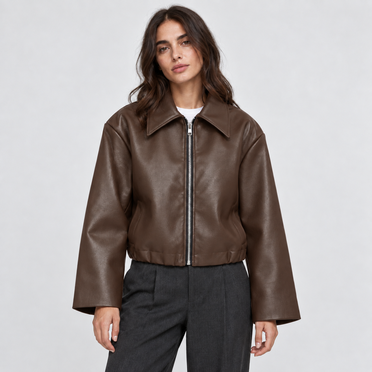 Women's Cropped Faux-Leather Zip Jacket in brown – front view