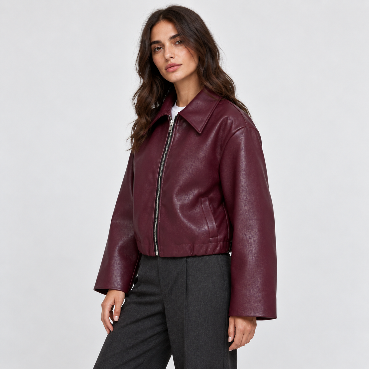 Women's Cropped Faux-Leather Zip Jacket in burgundy – angled view