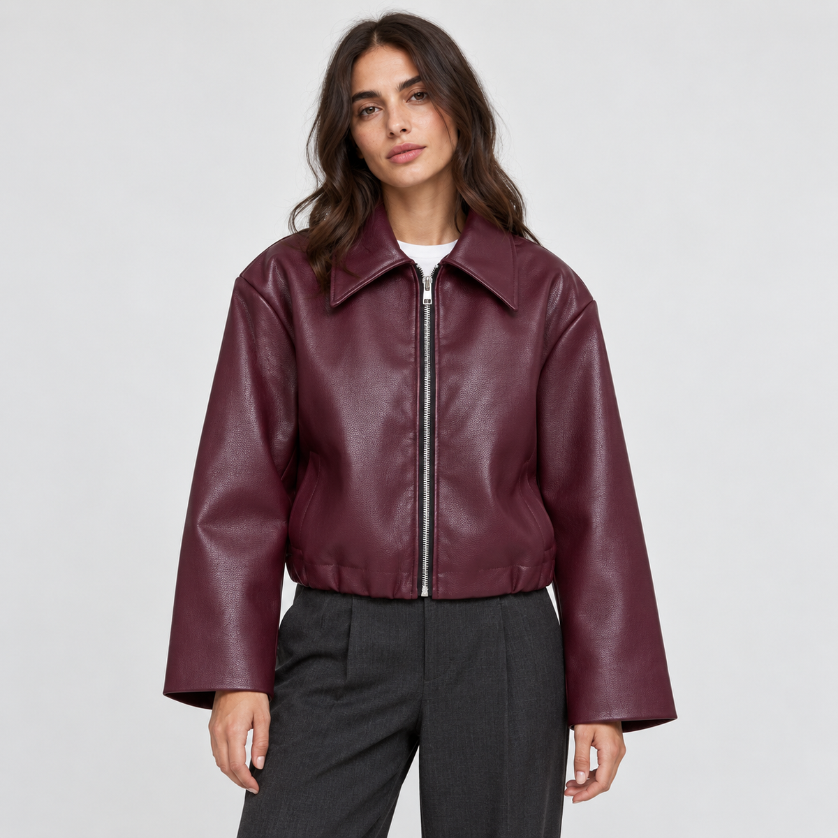 Women's Cropped Faux-Leather Zip Jacket in burgundy – front view