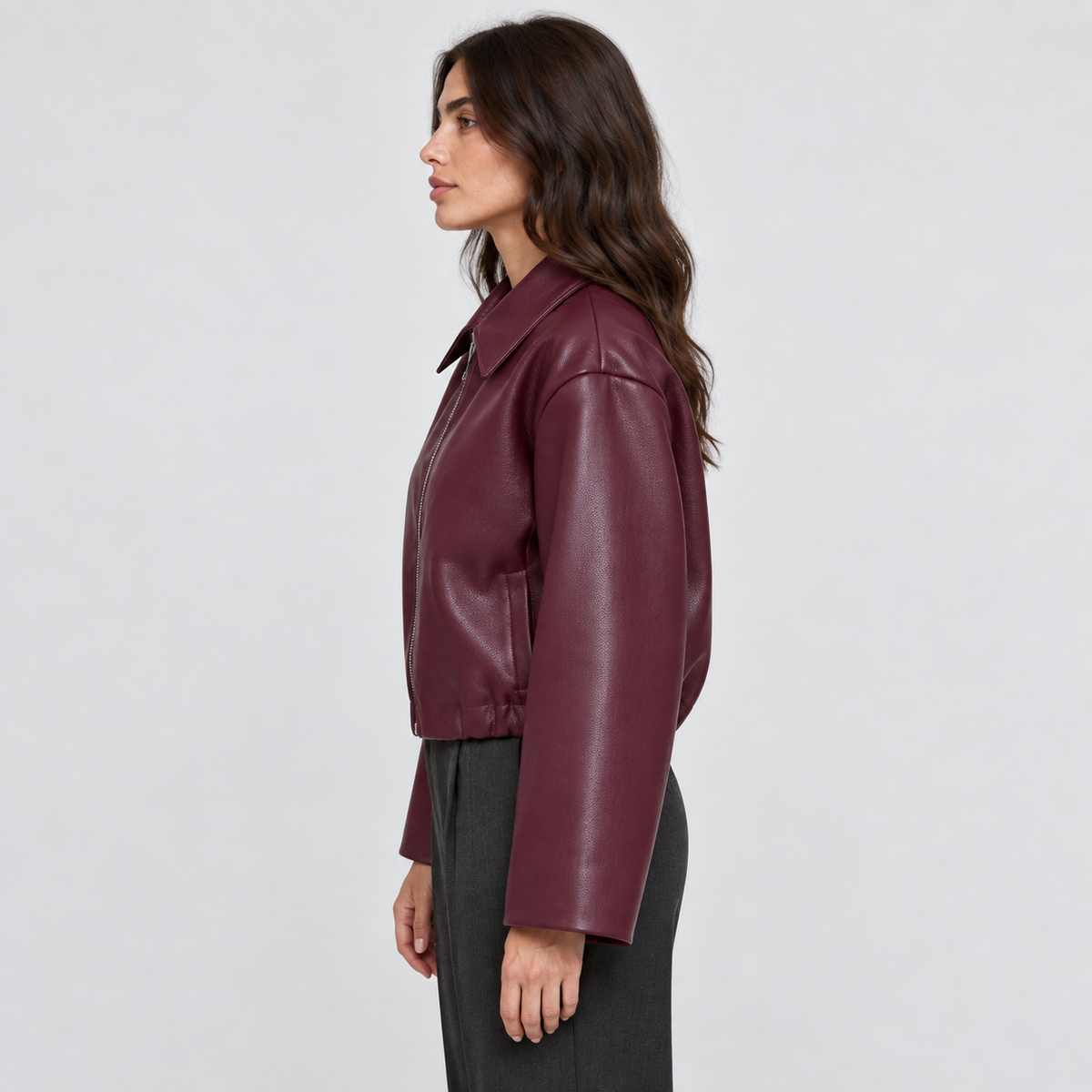 Women's Cropped Faux-Leather Zip Jacket in burgundy – side view