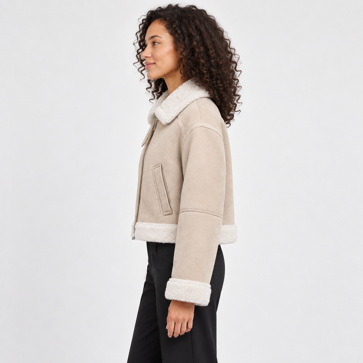 Women's Cropped Faux-Suede Sherpa Jacket – side view