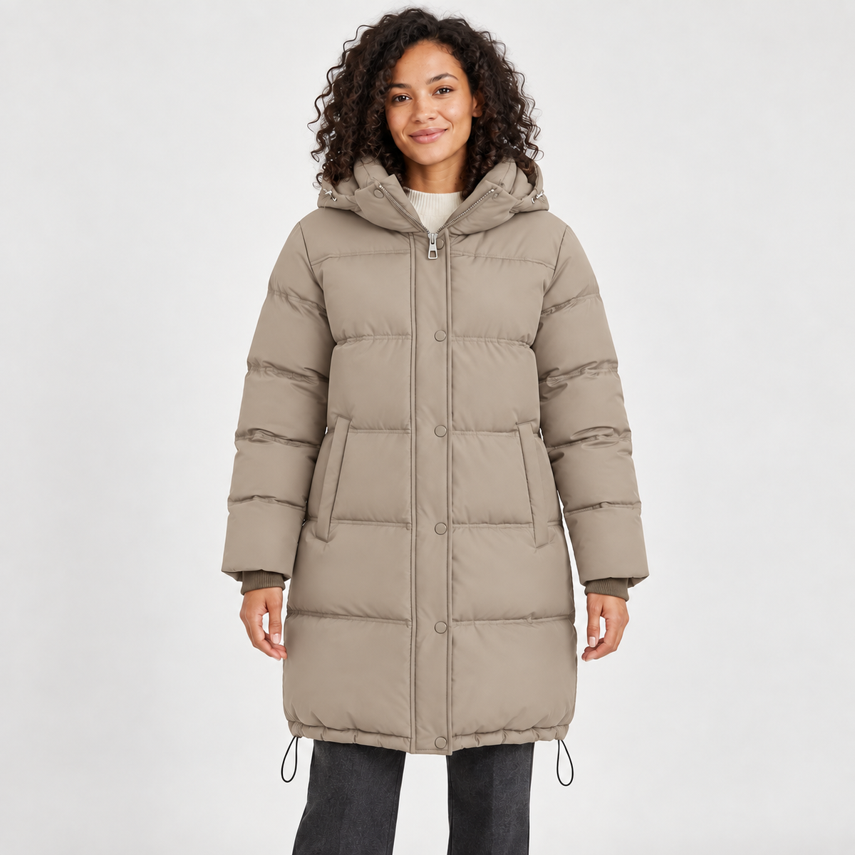 Women's Hooded Longline Puffer Coat in beige – front view