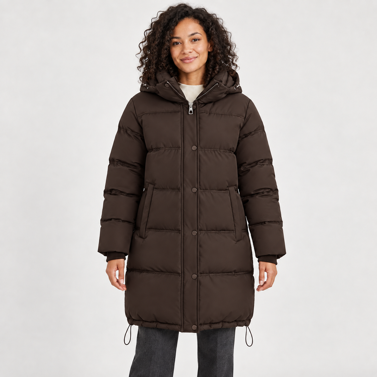 Women's Hooded Longline Puffer Coat in dark brown – front view