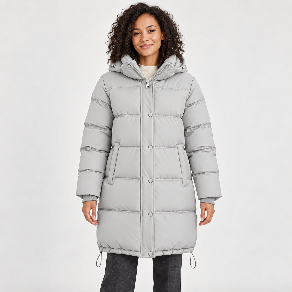 Women's Hooded Longline Puffer Coat in gray – front view