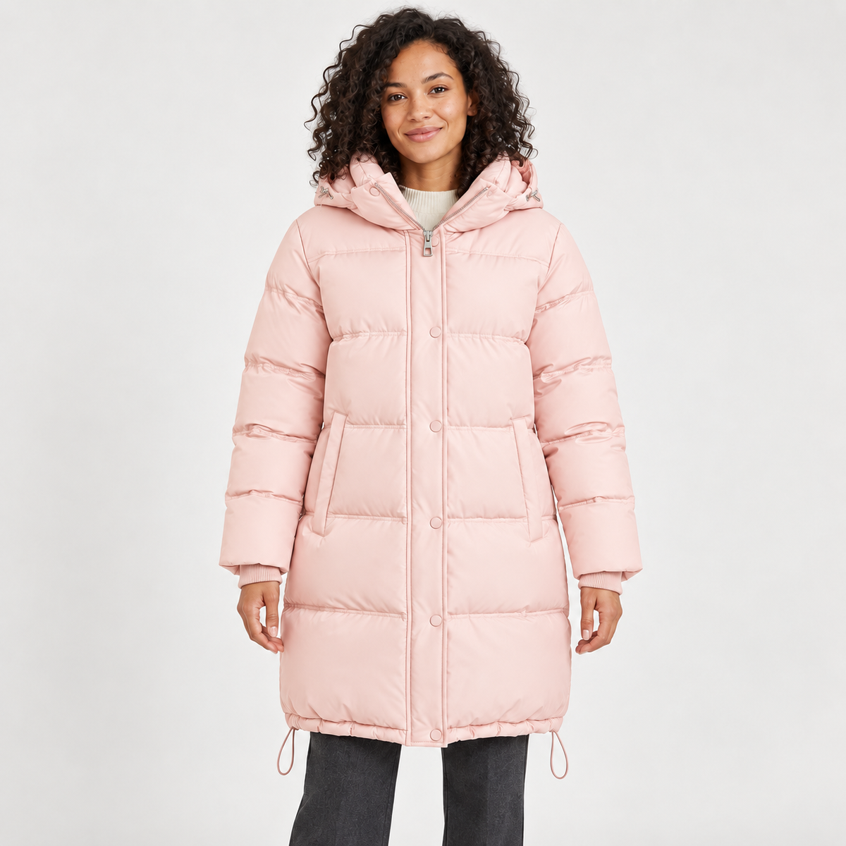 Women's Hooded Longline Puffer Coat in pink – front view