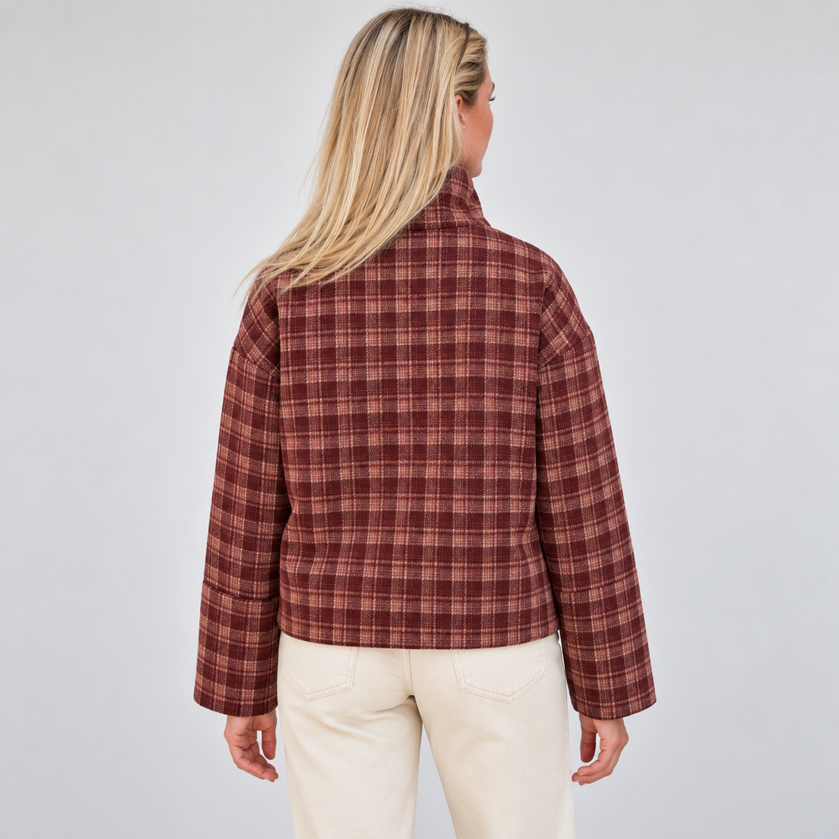 Women's Plaid Stand-Collar Jacket – back view