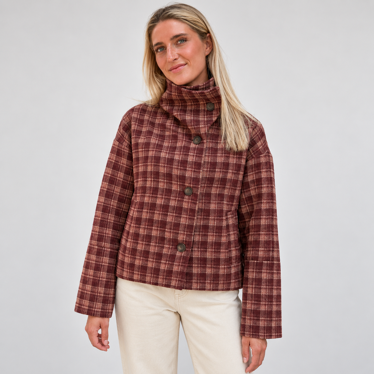 Women's Plaid Stand-Collar Jacket – front view