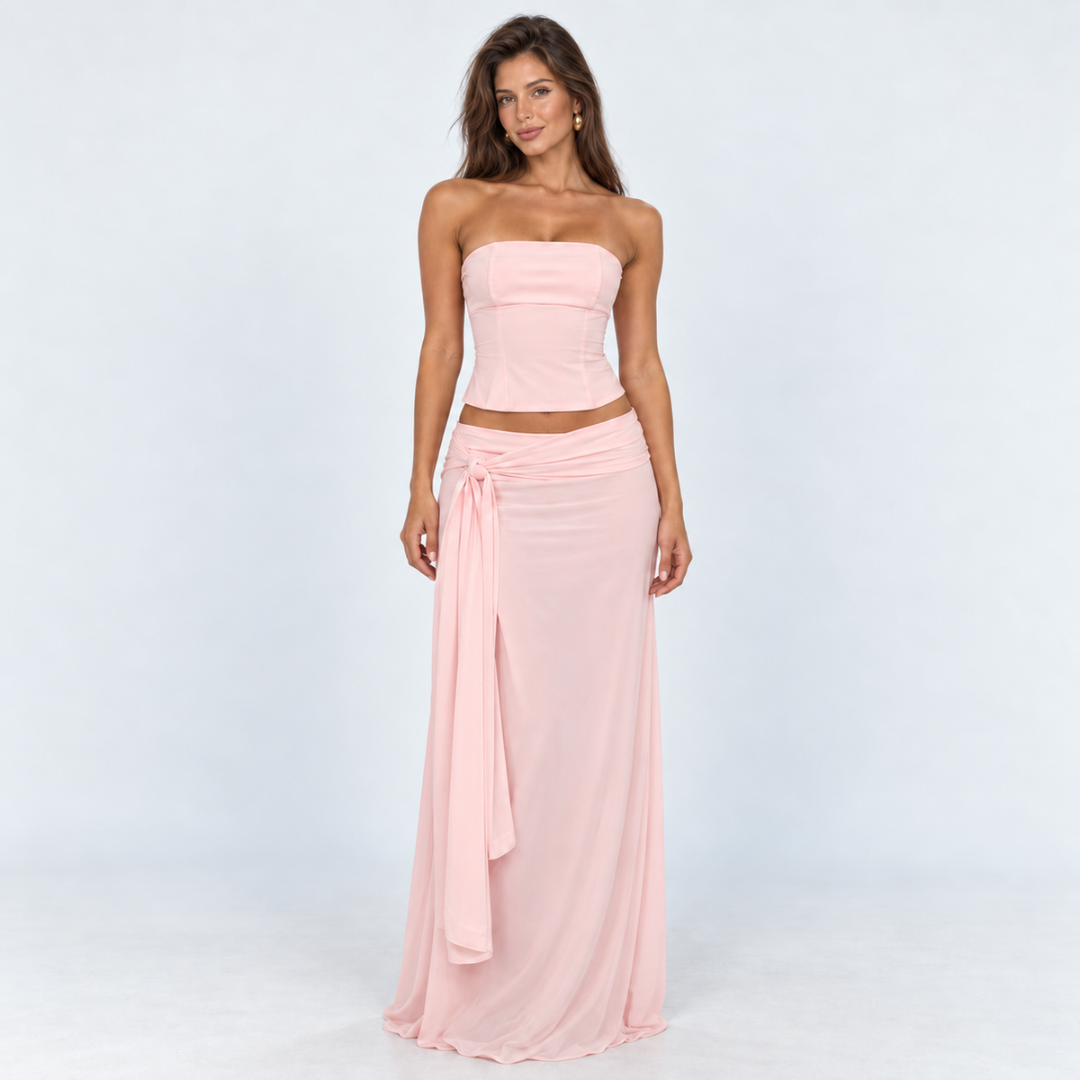 Women's Strapless Corset Top & Wrap Maxi Skirt Set — Pink — front studio view