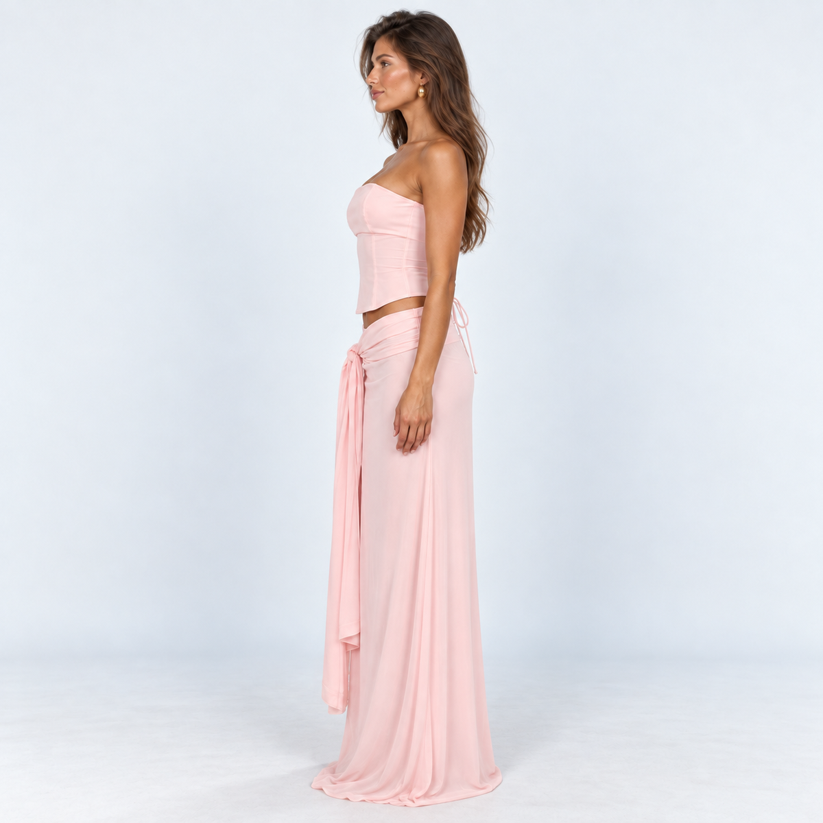 Women's Strapless Corset Top & Wrap Maxi Skirt Set — Pink — side studio view