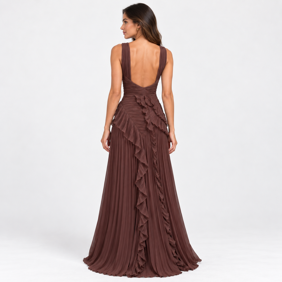Women's Pleated Ruffle Low-Back Maxi Dress — Brown — back studio view