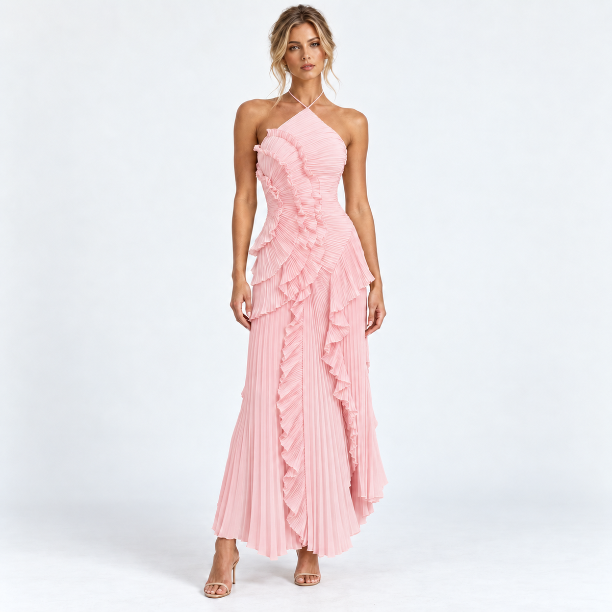 Lumvera pleated halter ruffle maxi dress — Baby Pink — front studio view