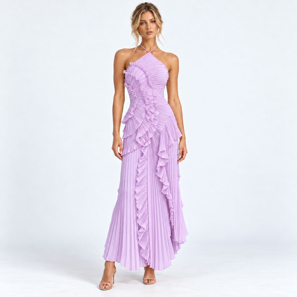 Lumvera pleated halter ruffle maxi dress — Lavender — front studio view