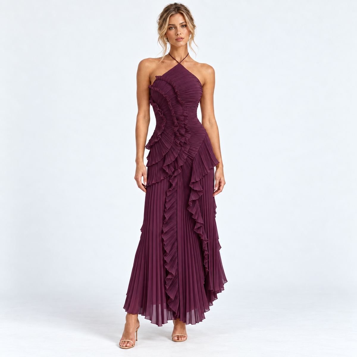 Lumvera pleated halter ruffle maxi dress — Plum — front studio view