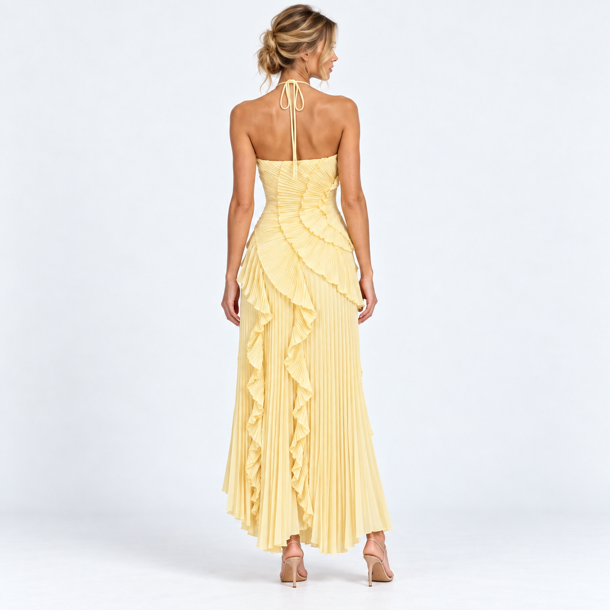 Lumvera pleated halter ruffle maxi dress — Yellow — back studio view