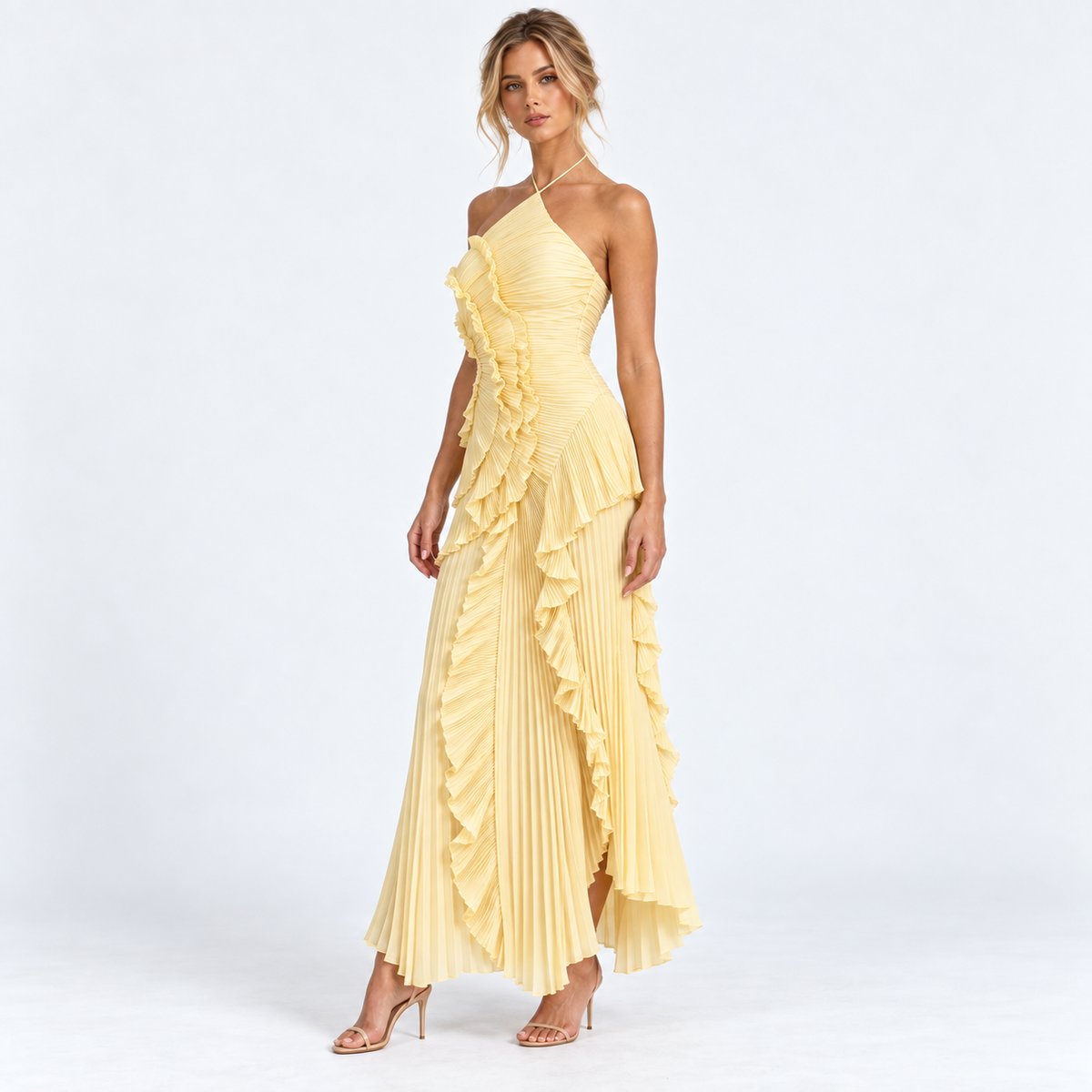 Lumvera pleated halter ruffle maxi dress — Yellow — front45 studio view