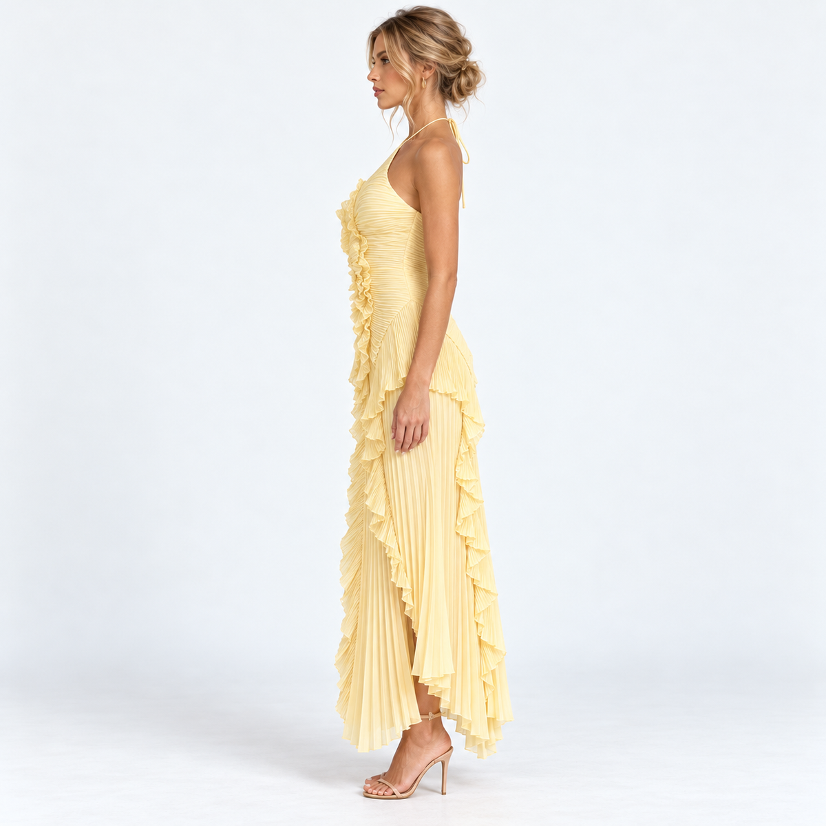Lumvera pleated halter ruffle maxi dress — Yellow — side studio view
